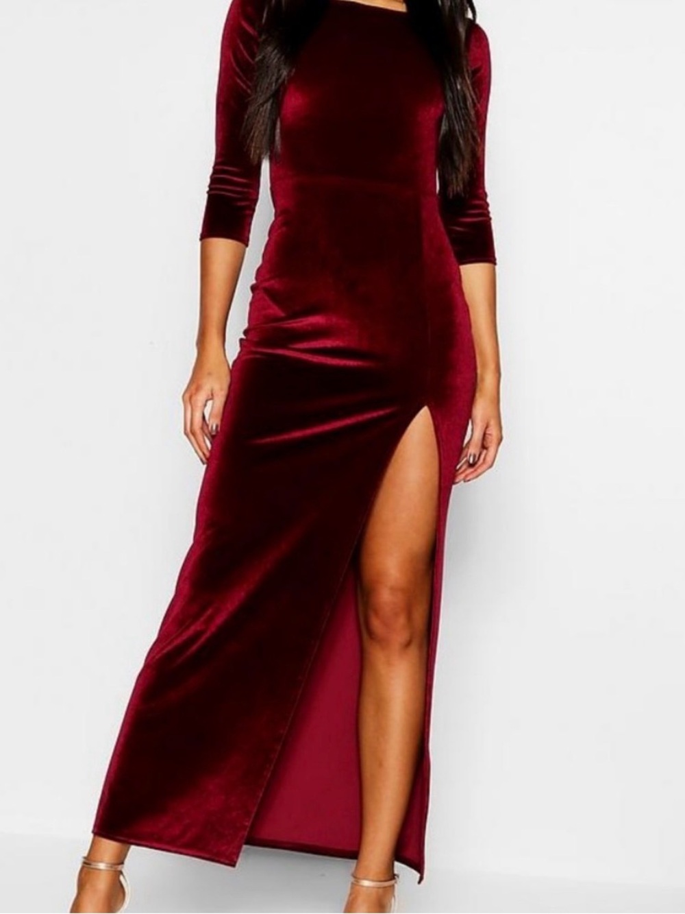 Boohoo Velvet Burgundy Long Sleeve Side-Slit Maxi Dress 6